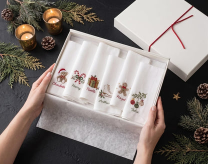 Personalized Christmas Linen Napkins Set of 6, Hand Embroidered Dinner Napkins, Custom Names, Teddy Bear Candy Cane Gingerbread Gift Decor