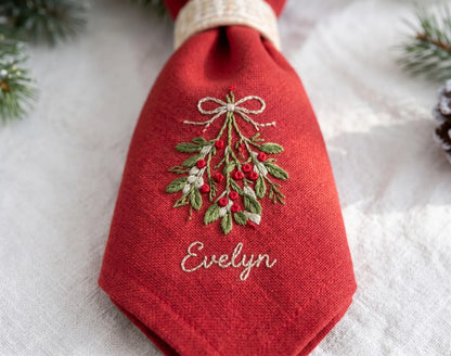 Personalized Christmas Linen Napkins Set of 6, Hand Embroidered Holiday Dinner Napkins, Custom Names, Red Green White Family Table Decor