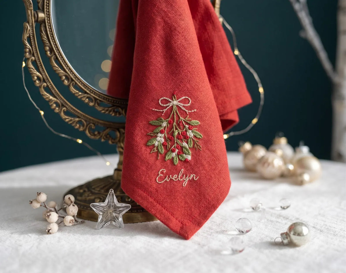 Personalized Christmas Linen Napkins Set of 6, Hand Embroidered Holiday Dinner Napkins, Custom Names, Red Green White Family Table Decor