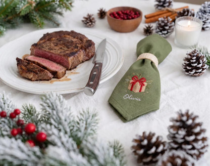 Personalized Christmas Linen Napkins Set of 6, Hand Embroidered Holiday Dinner Napkins, Custom Names, Red Green White Family Table Decor
