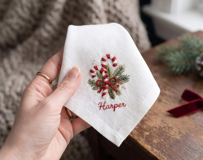 Personalized Christmas Linen Napkins Set of 6, Hand Embroidered Holiday Dinner Napkins, Custom Names, Red Green White Family Table Decor