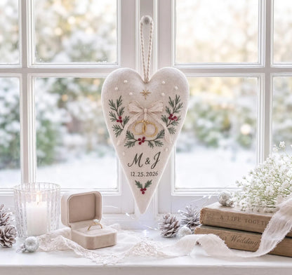 Personalized Christmas Wedding Ornament, Hand Embroidered Wedding Rings & Bow Heart, Custom Initials Date, Holly Newlywed Gift