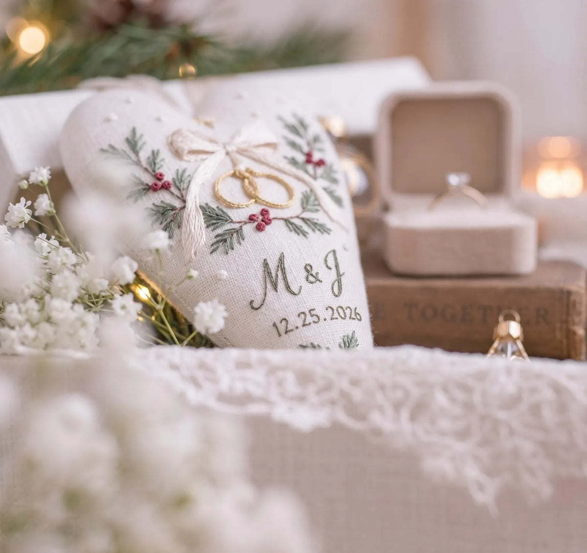 Personalized Christmas Wedding Ornament, Hand Embroidered Wedding Rings & Bow Heart, Custom Initials Date, Holly Newlywed Gift
