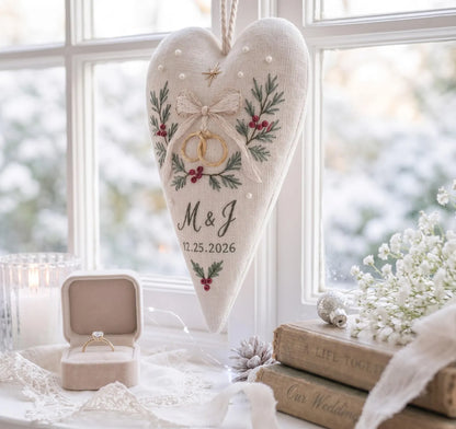Personalized Christmas Wedding Ornament, Hand Embroidered Wedding Rings & Bow Heart, Custom Initials Date, Holly Newlywed Gift