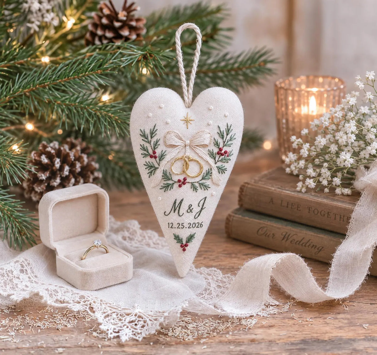 Personalized Christmas Wedding Ornament, Hand Embroidered Wedding Rings & Bow Heart, Custom Initials Date, Holly Newlywed Gift