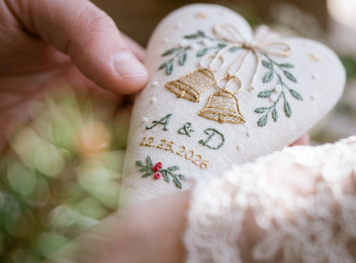 Personalized Christmas Wedding Ornament, Hand Embroidered Wedding Rings & Bow Heart, Custom Initials Date, Holly Newlywed Gift