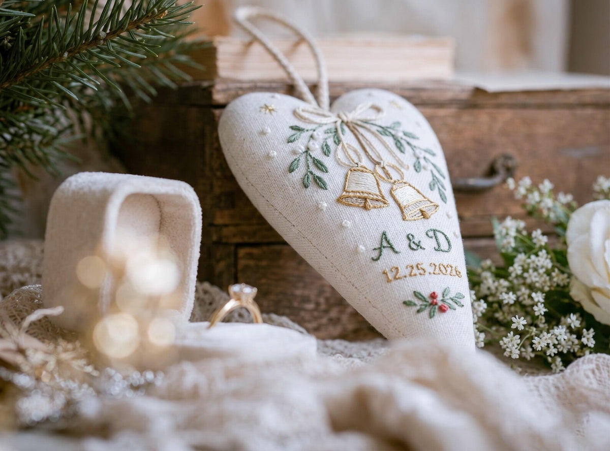 Personalized Christmas Wedding Ornament, Hand Embroidered Wedding Rings & Bow Heart, Custom Initials Date, Holly Newlywed Gift