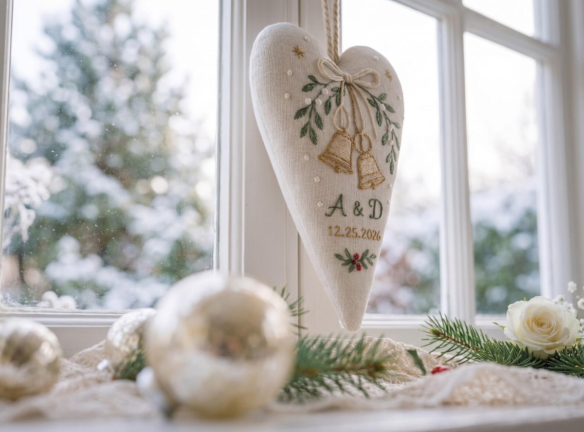 Personalized Christmas Wedding Ornament, Hand Embroidered Wedding Rings & Bow Heart, Custom Initials Date, Holly Newlywed Gift