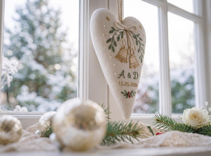 Personalized Christmas Wedding Ornament, Hand Embroidered Wedding Rings & Bow Heart, Custom Initials Date, Holly Newlywed Gift