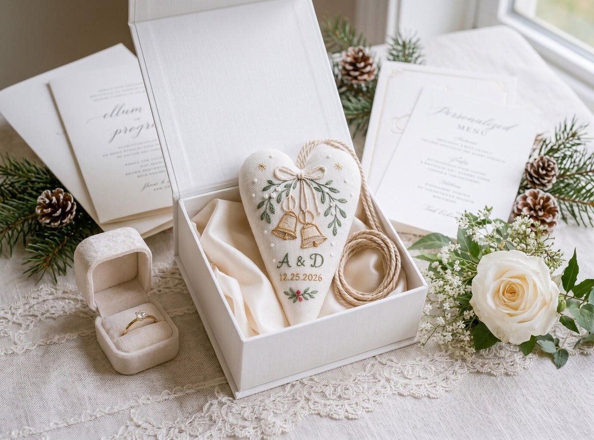 Personalized Christmas Wedding Ornament, Hand Embroidered Wedding Rings & Bow Heart, Custom Initials Date, Holly Newlywed Gift