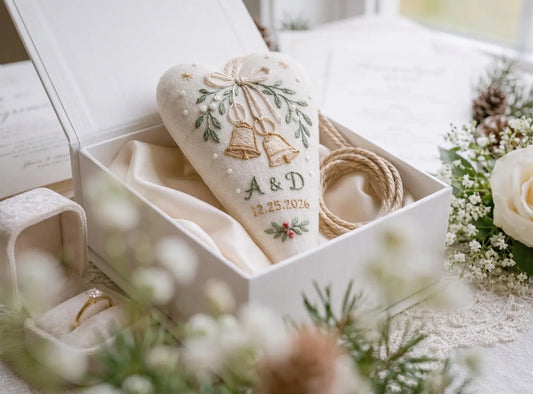 Personalized Christmas Wedding Ornament, Hand Embroidered Wedding Rings & Bow Heart, Custom Initials Date, Holly Newlywed Gift