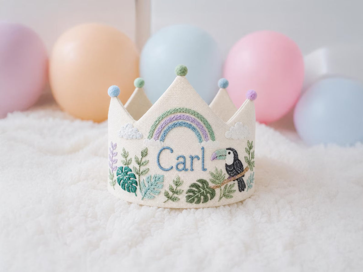 Personalized Birthday Crown, Hand Embroidered Toucan & Rainbow Crown, Custom Name Linen Party Hat, Jungle Birthday Crown for Kids