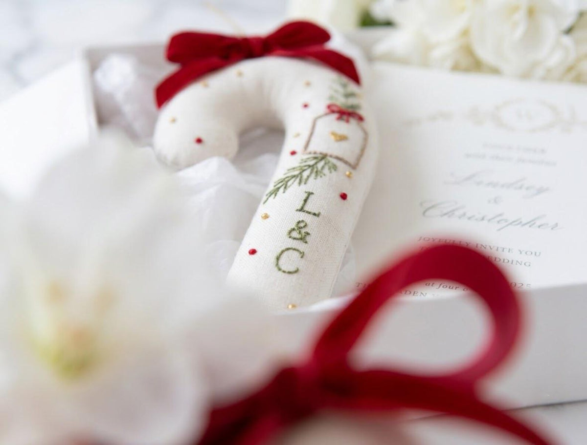 Personalized Christmas Wedding Ornament, Hand Embroidered Candy Cane, Red Bow & Gift Tag, Custom Initials, Newlywed Keepsake
