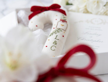 Personalized Christmas Wedding Ornament, Hand Embroidered Candy Cane, Red Bow & Gift Tag, Custom Initials, Newlywed Keepsake
