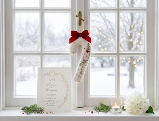 Personalized Christmas Wedding Ornament, Hand Embroidered Candy Cane, Red Bow & Gift Tag, Custom Initials, Newlywed Keepsake
