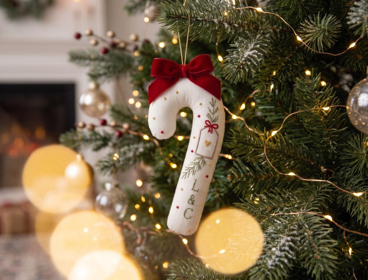 Personalized Christmas Wedding Ornament, Hand Embroidered Candy Cane, Red Bow & Gift Tag, Custom Initials, Newlywed Keepsake