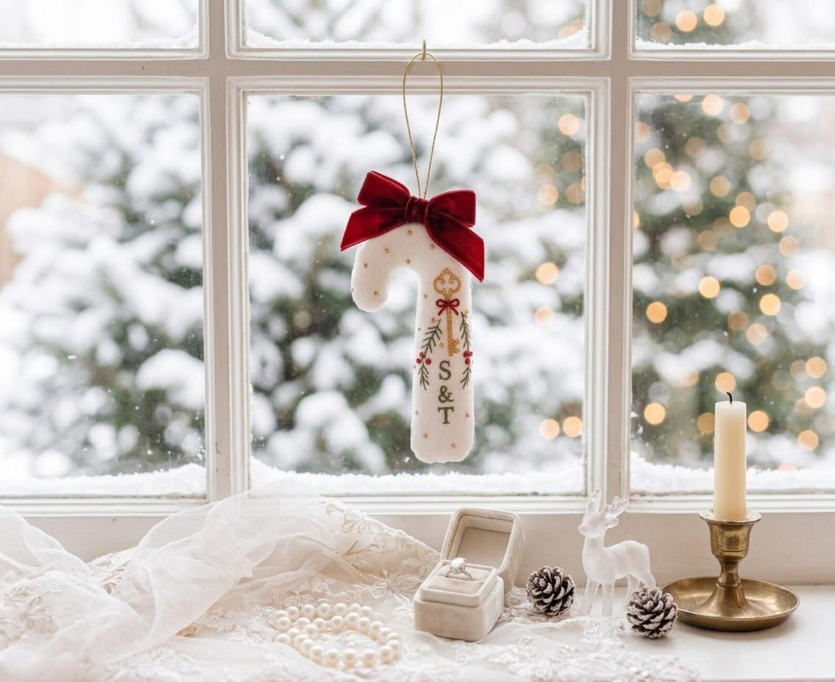 Personalized Christmas Wedding Ornament, Hand Embroidered Candy Cane with Gold Key, Red Bow & Holly, Custom Initials, Newlywed Gift