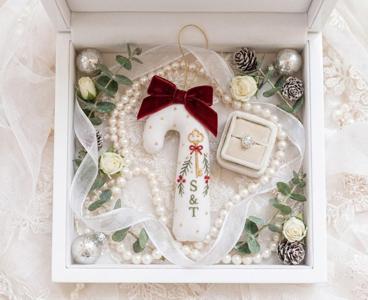 Personalized Christmas Wedding Ornament, Hand Embroidered Candy Cane with Gold Key, Red Bow & Holly, Custom Initials, Newlywed Gift