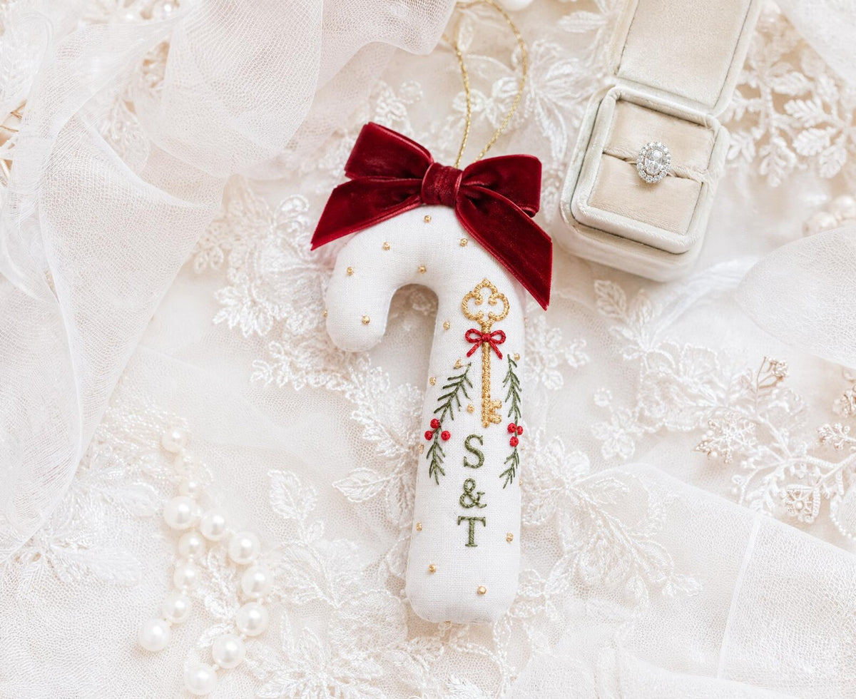 Personalized Christmas Wedding Ornament, Hand Embroidered Candy Cane with Gold Key, Red Bow & Holly, Custom Initials, Newlywed Gift