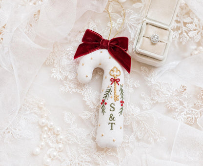 Personalized Christmas Wedding Ornament, Hand Embroidered Candy Cane with Gold Key, Red Bow & Holly, Custom Initials, Newlywed Gift