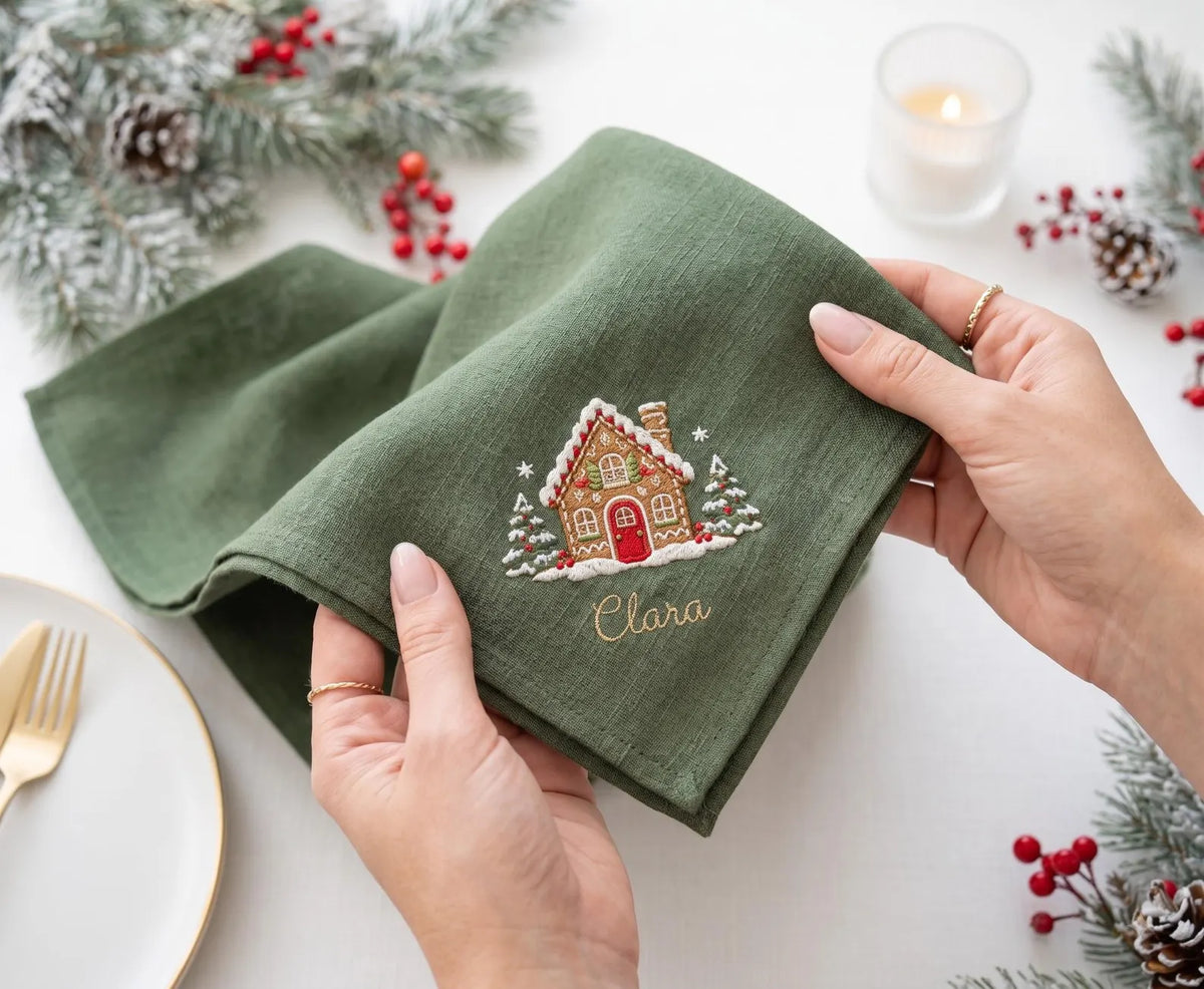 Personalized Christmas Linen Napkins Set of 4, Embroidered Gingerbread House, Bells, Candle & Ornaments, Custom Names, Christmas Table Decor