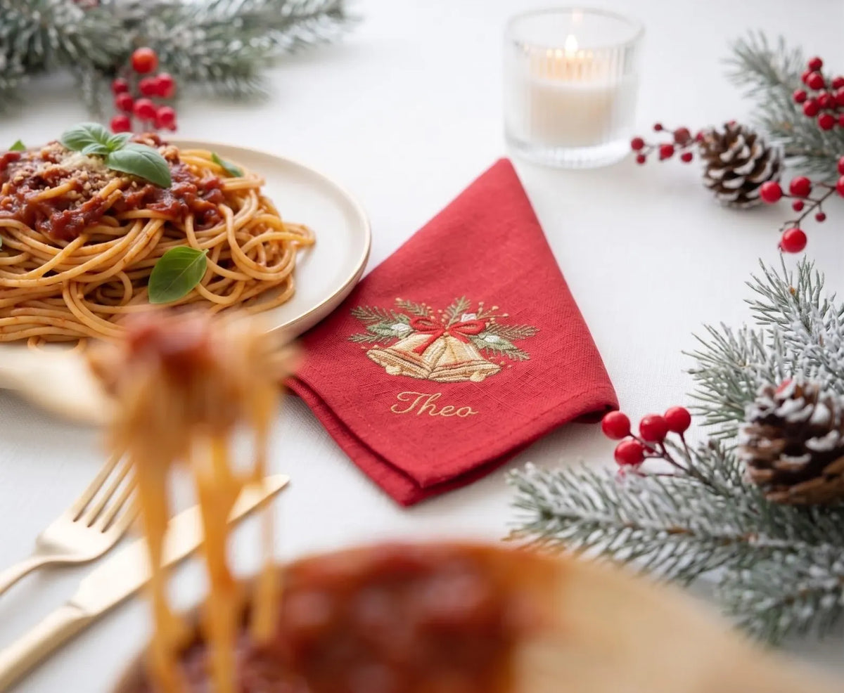 Personalized Christmas Linen Napkins Set of 4, Embroidered Gingerbread House, Bells, Candle & Ornaments, Custom Names, Christmas Table Decor