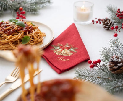 Personalized Christmas Linen Napkins Set of 4, Embroidered Gingerbread House, Bells, Candle & Ornaments, Custom Names, Christmas Table Decor
