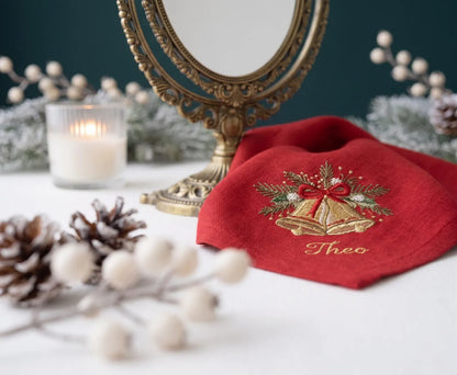 Personalized Christmas Linen Napkins Set of 4, Embroidered Gingerbread House, Bells, Candle & Ornaments, Custom Names, Christmas Table Decor