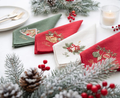 Personalized Christmas Linen Napkins Set of 4, Embroidered Gingerbread House, Bells, Candle & Ornaments, Custom Names, Christmas Table Decor