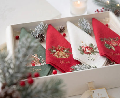 Personalized Christmas Linen Napkins Set of 4, Embroidered Gingerbread House, Bells, Candle & Ornaments, Custom Names, Christmas Table Decor