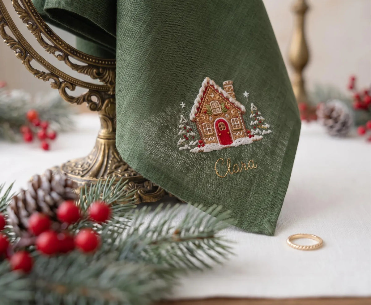 Personalized Christmas Linen Napkins Set of 4, Embroidered Gingerbread House, Bells, Candle & Ornaments, Custom Names, Christmas Table Decor