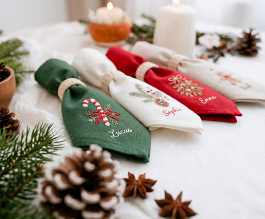Personalized Christmas Linen Napkins Set of 4, Embroidered Holiday Dinner Napkins, Candy Cane Mistletoe Gingerbread Pinecone, Custom Names