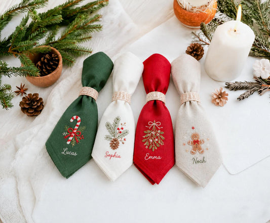Personalized Christmas Linen Napkins Set of 4, Embroidered Holiday Dinner Napkins, Candy Cane Mistletoe Gingerbread Pinecone, Custom Names