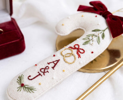 Personalized Christmas Wedding Ornament, Hand Embroidered Candy Cane with Rings, Mistletoe & Red Bow, Custom Initials, Newlywed Gift