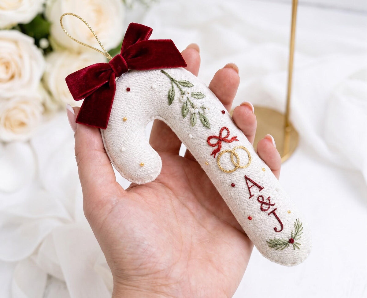 Personalized Christmas Wedding Ornament, Hand Embroidered Candy Cane with Rings, Mistletoe & Red Bow, Custom Initials, Newlywed Gift