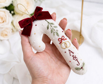 Personalized Christmas Wedding Ornament, Hand Embroidered Candy Cane with Rings, Mistletoe & Red Bow, Custom Initials, Newlywed Gift