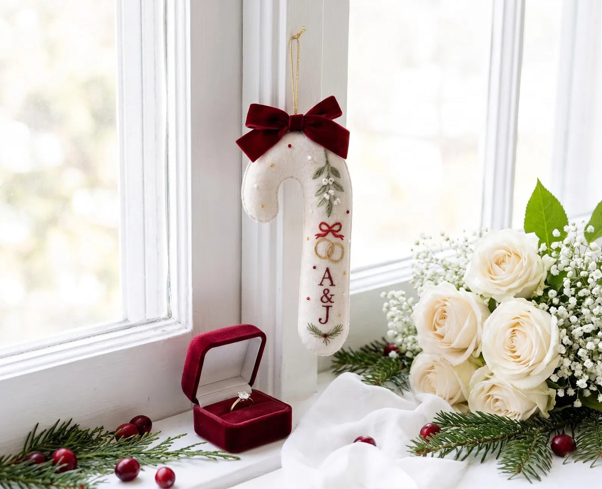 Personalized Christmas Wedding Ornament, Hand Embroidered Candy Cane with Rings, Mistletoe & Red Bow, Custom Initials, Newlywed Gift