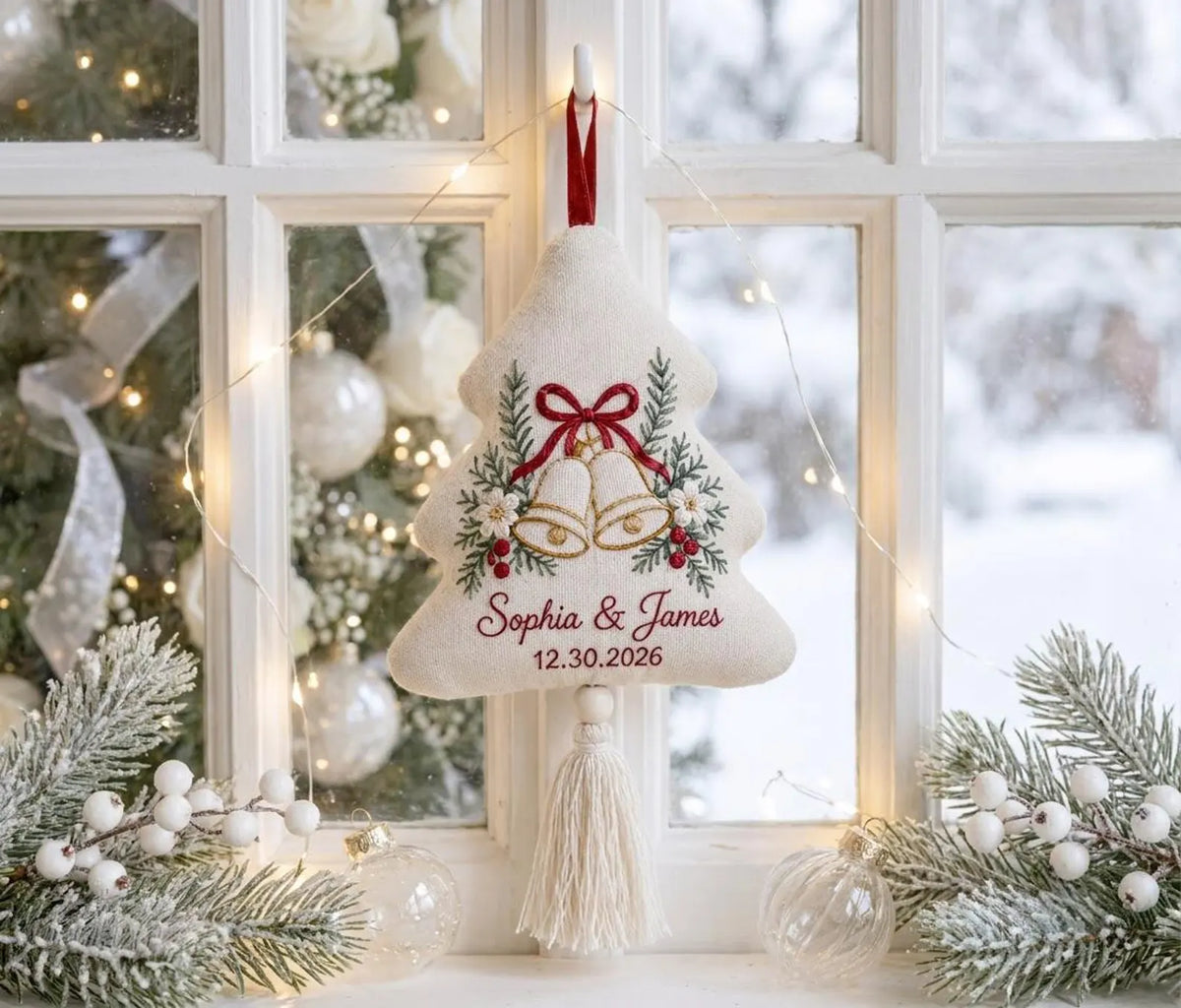 Personalized Christmas Tree Wedding Ornament, Hand Embroidered Wedding Bells, Custom Names & Date, Newlywed Holiday Keepsake Gift