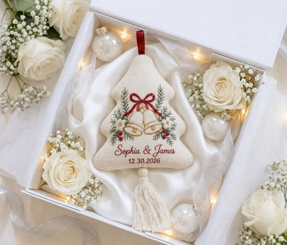 Personalized Christmas Tree Wedding Ornament, Hand Embroidered Wedding Bells, Custom Names & Date, Newlywed Holiday Keepsake Gift