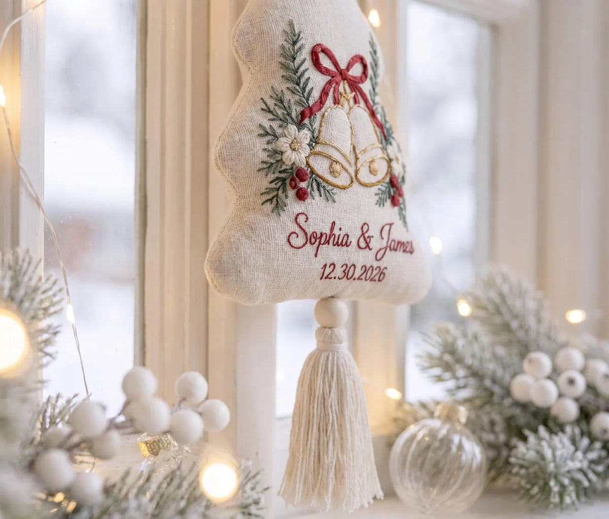 Personalized Christmas Tree Wedding Ornament, Hand Embroidered Wedding Bells, Custom Names & Date, Newlywed Holiday Keepsake Gift