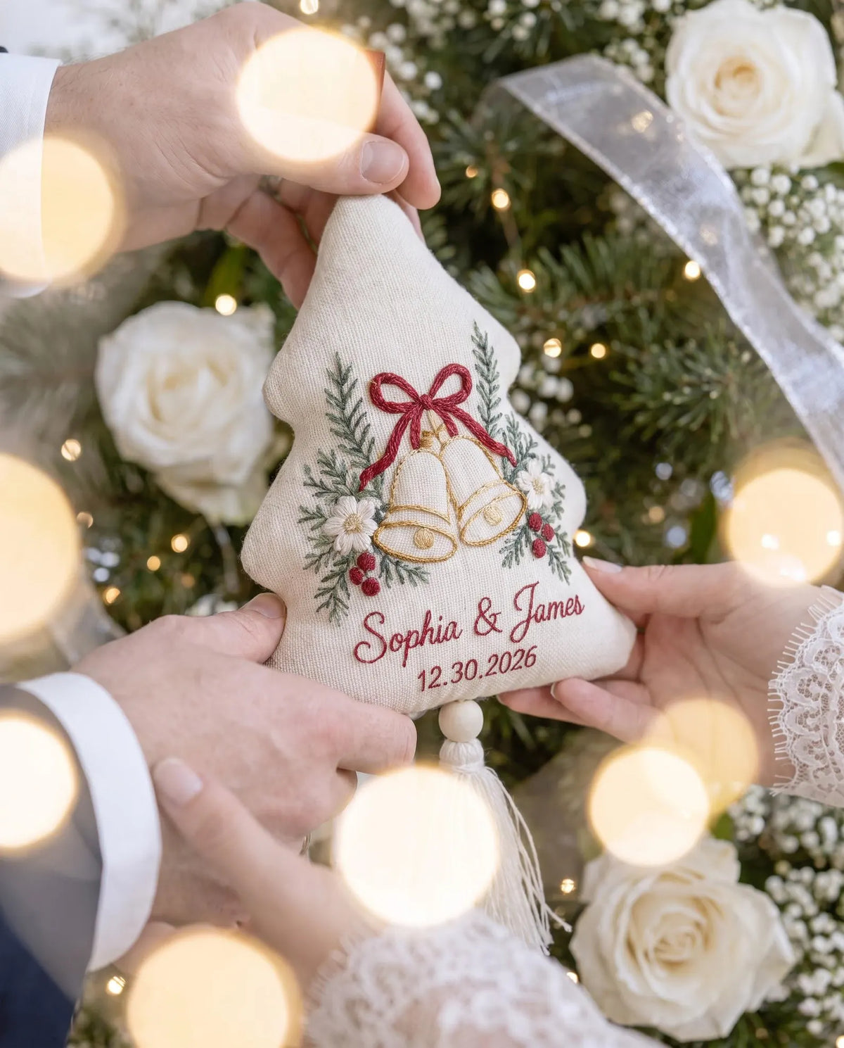 Personalized Christmas Tree Wedding Ornament, Hand Embroidered Wedding Bells, Custom Names & Date, Newlywed Holiday Keepsake Gift