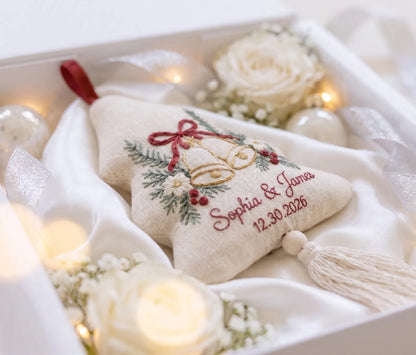 Personalized Christmas Tree Wedding Ornament, Hand Embroidered Wedding Bells, Custom Names & Date, Newlywed Holiday Keepsake Gift