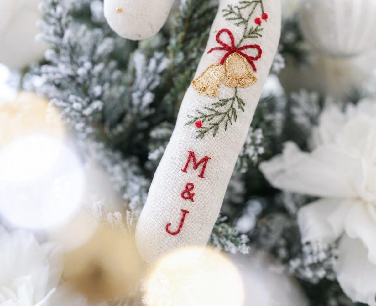 Personalized Christmas Wedding Ornament, Hand Embroidered Candy Cane with Wedding Bells, Red Bow & Initials, Newlywed Gift