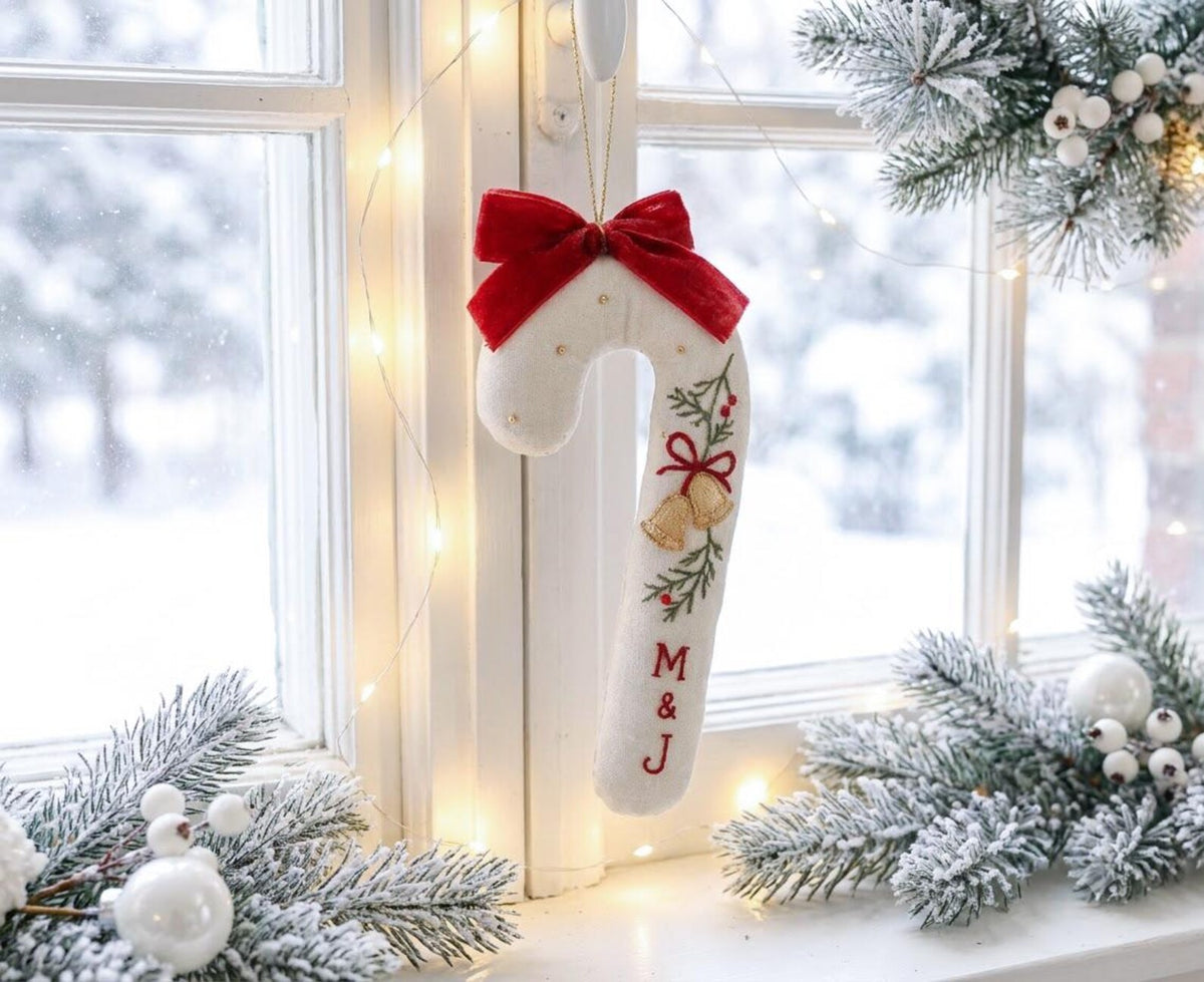 Personalized Christmas Wedding Ornament, Hand Embroidered Candy Cane with Wedding Bells, Red Bow & Initials, Newlywed Gift