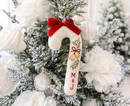 Personalized Christmas Wedding Ornament, Hand Embroidered Candy Cane with Wedding Bells, Red Bow & Initials, Newlywed Gift