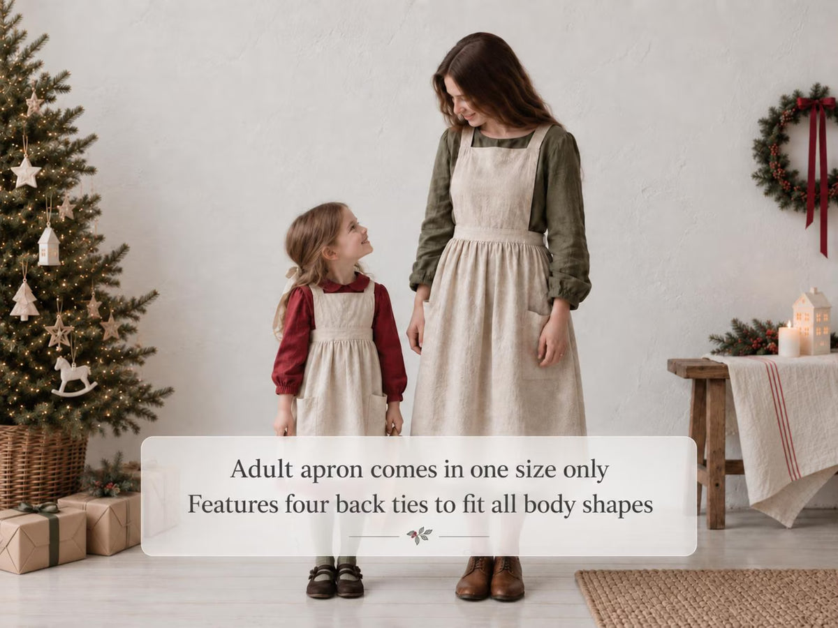 Personalized Christmas Mommy and Me Aprons, Matching Mom and Kids Linen Apron Set, Hand Embroidered Cat, Custom Family Name Holiday Gift Set