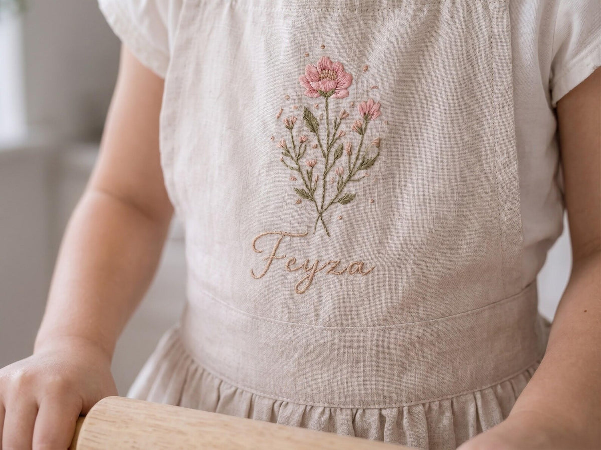 Personalized Mommy and Me Aprons, Matching Mom and Kids Linen Apron, Hand Embroidered Floral Apron, Custom Name Mother Daughter Gift