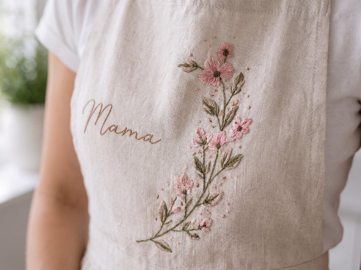 Personalized Mommy and Me Aprons, Matching Mom and Kids Linen Apron, Hand Embroidered Floral Apron, Custom Name Mother Daughter Gift