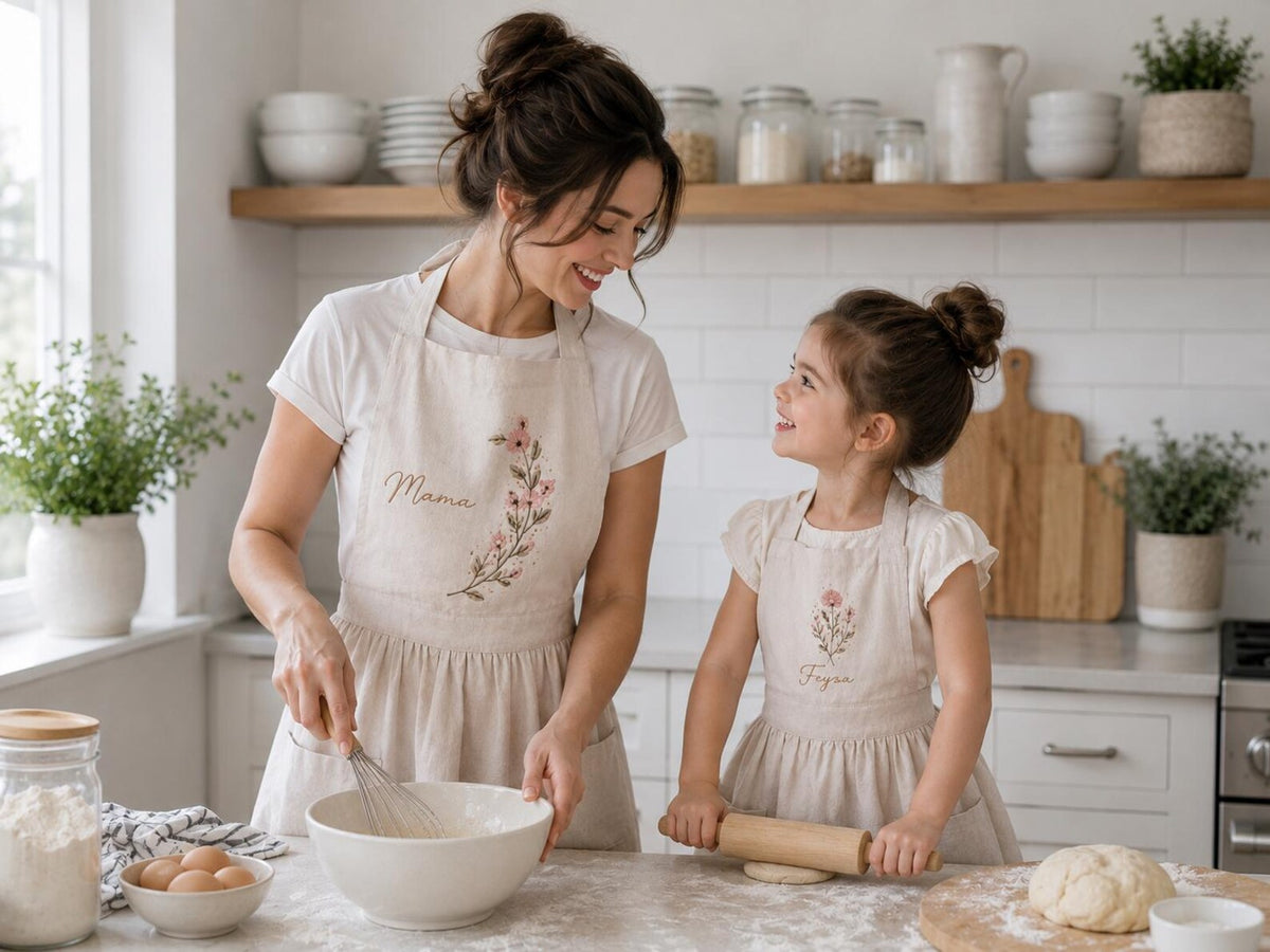 Personalized Mommy and Me Aprons, Matching Mom and Kids Linen Apron, Hand Embroidered Floral Apron, Custom Name Mother Daughter Gift