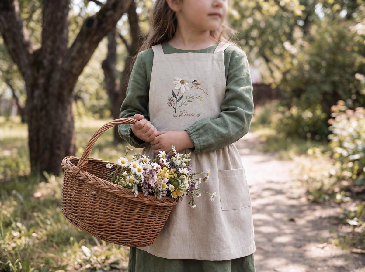 Personalized Mommy and Me Aprons, Matching Mom and Kids Linen Apron, Hand Embroidered Floral Apron, Custom Name Mother Daughter Gift